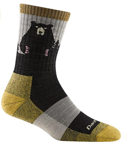 Yellow and black crew socks with a bear motif on a white background.