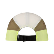Rear view of a multi-colored baseball cap with a white crown, tan side panels, neon yellow-green lower panels, and a black adjustable strap.
