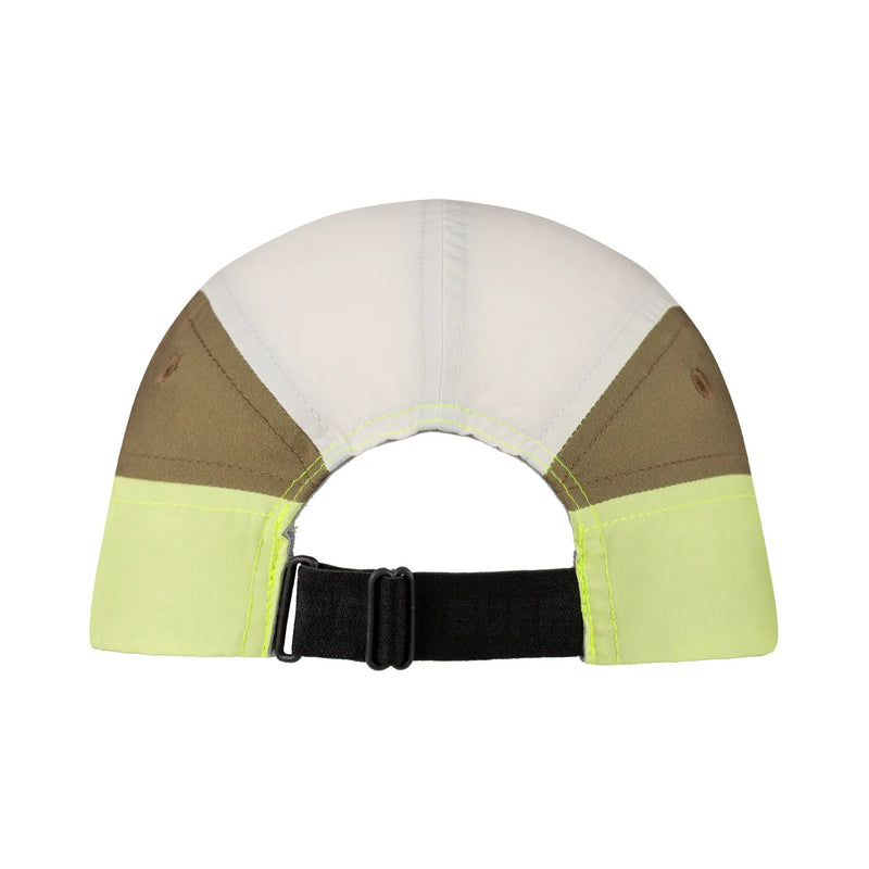Rear view of a multi-colored baseball cap with a white crown, tan side panels, neon yellow-green lower panels, and a black adjustable strap.