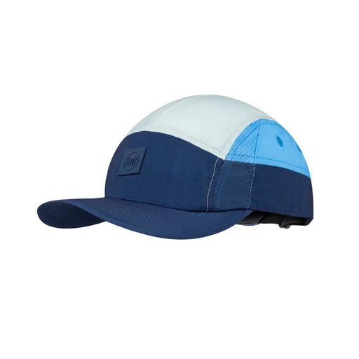 Blue and white cap with a visible brand logo on a white background