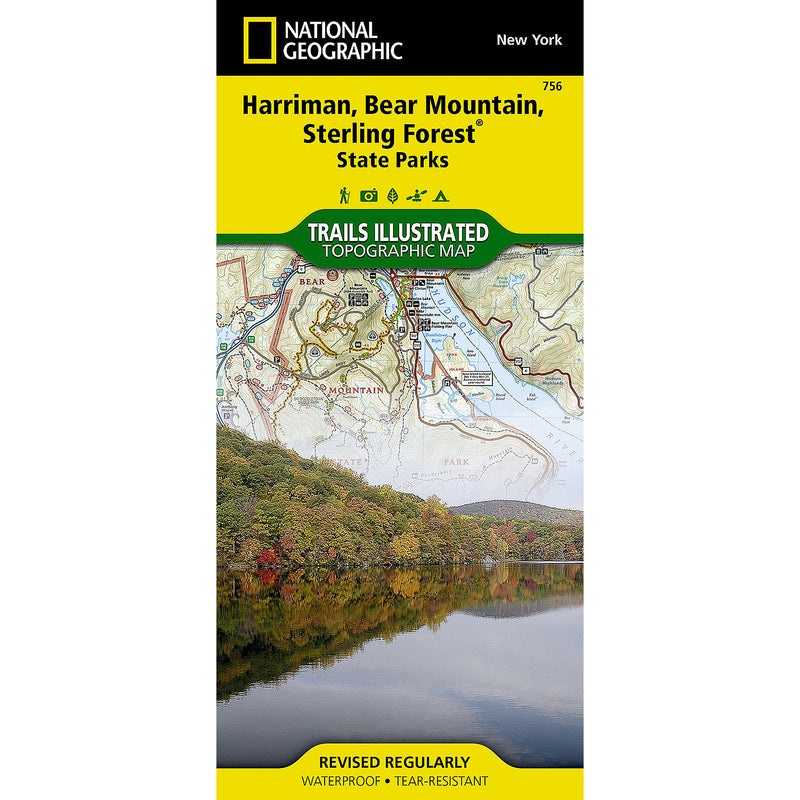 National Geographic Trails Illustrated topographic map cover for Harriman, Bear Mountain, Sterling Forest, and State Parks in New York. The cover features a yellow header with black text, a green 'Trails Illustrated' banner, and a scenic forest-and-lake photograph below.
