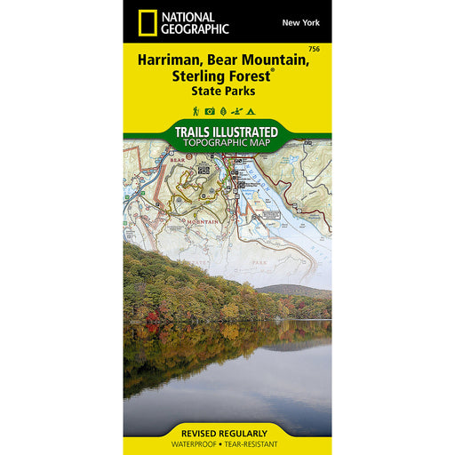 National Geographic Trails Illustrated topographic map cover for Harriman, Bear Mountain, Sterling Forest, and State Parks in New York. The cover features a yellow header with black text, a green 'Trails Illustrated' banner, and a scenic forest-and-lake photograph below.