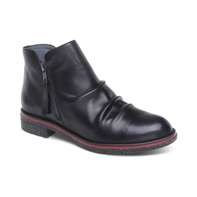 Black leather ankle boot with a zipper on a white background