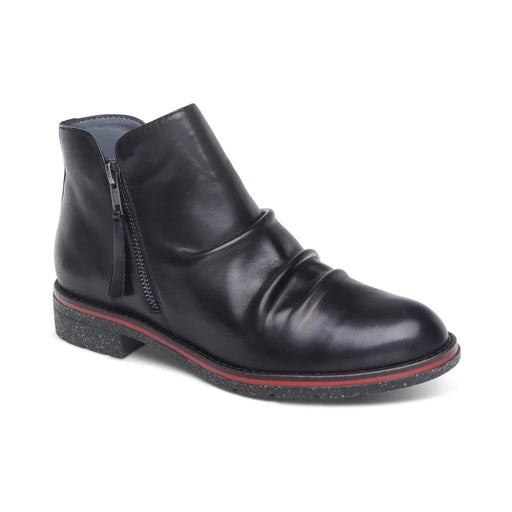 Black leather ankle boot with a zipper on a white background