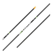 Three views of a black carbon arrow shafts with white 'EASTON' branding, a green and white center band, and an orange nock, shown on a plain white background.