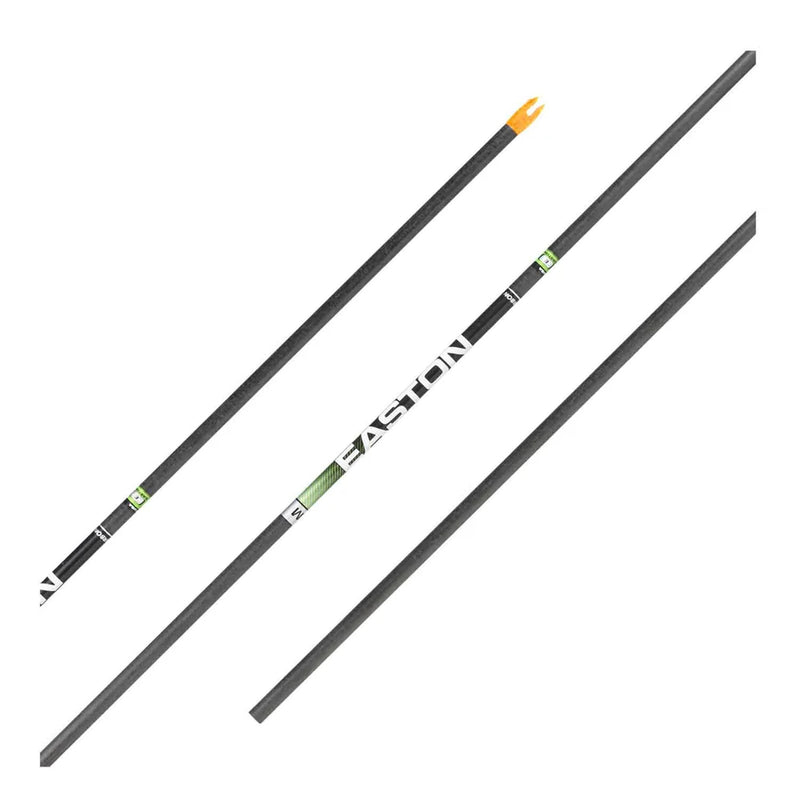 Three views of a black carbon arrow shafts with white 'EASTON' branding, a green and white center band, and an orange nock, shown on a plain white background.