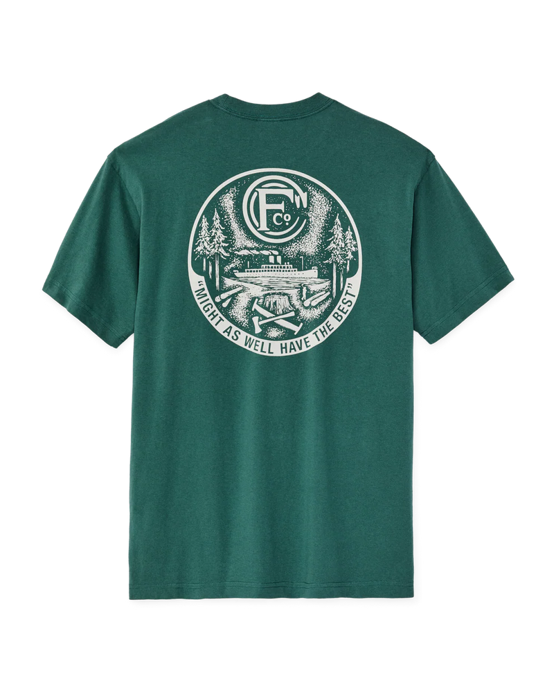 Green t-shirt with a circular graphic design on the back against a white background