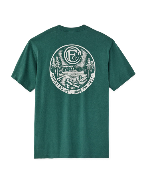 Green t-shirt with a circular graphic design on the back against a white background