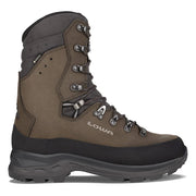 Brown hiking boot with gray accents on a white background