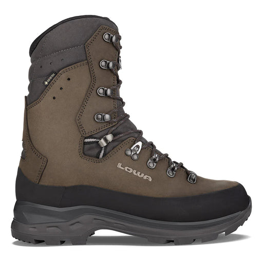 Brown hiking boot with gray accents on a white background