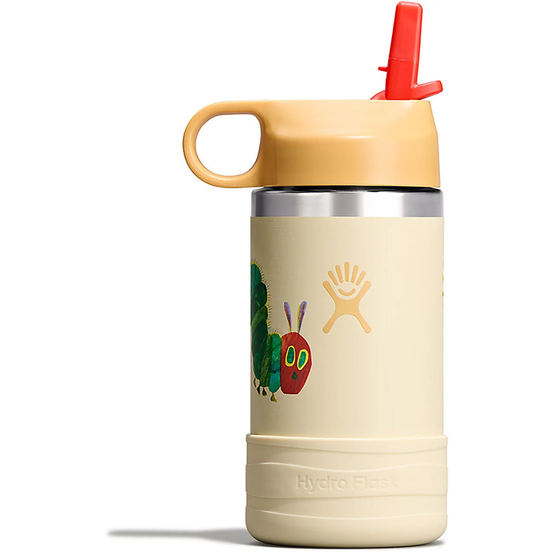 Tan Hydro Flask cup with a cartoonish caterpillar and fruit design against a white background. 