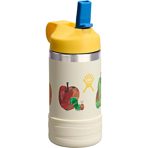 Tan Hydro Flask cup with cartoonish apple and worm design against a white background.