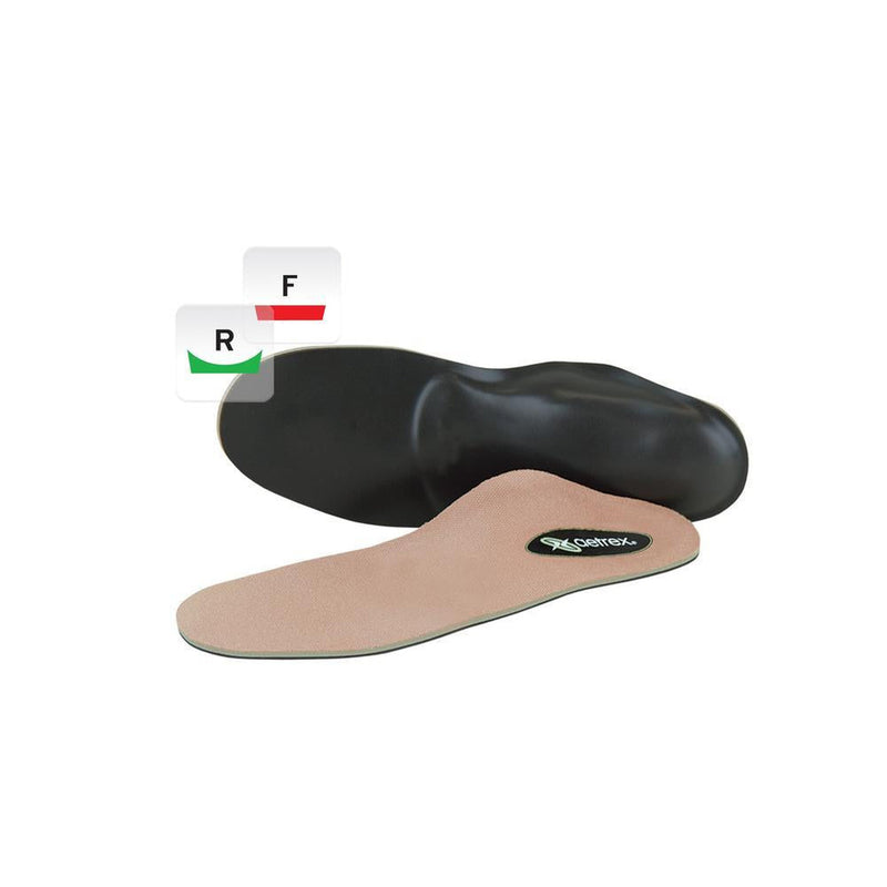 A pair of custom orthopedic shoe insoles on a white background, with one insole shown upright displaying a black Aetrex brand logo patch and a size legend graphic indicating right/left and front/heel placement.