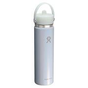 A Hydro Flask insulated water bottle with a metallic silver body, a light mint green lid and carrying loop, and the Hydro Flask logo on the front, set against a plain white background.
