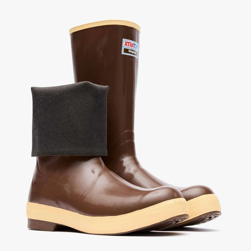 Brown rubber boots with beige accents on a white background