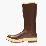 Brown rain boot with beige trim on a white background