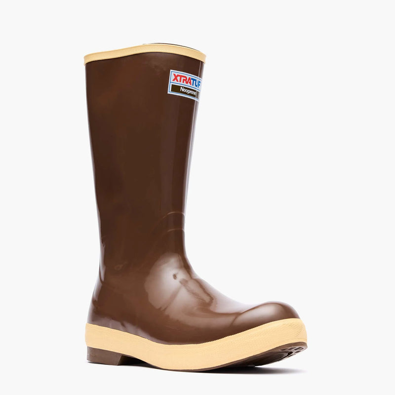 Brown rubber boot with beige trim on a white background
