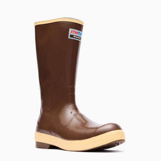 Brown rubber boot with beige trim on a white background