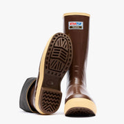 Brown rubber boots with beige soles on a white background