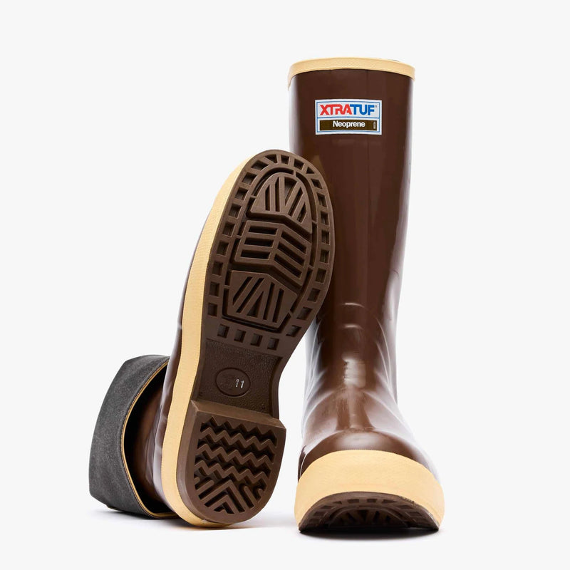 Brown rubber boots with beige soles on a white background