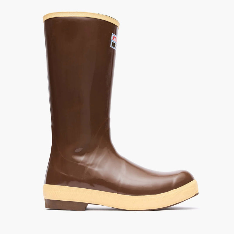 Brown rain boot with beige sole on a white background