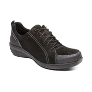 Side view of a black hiking sneaker against a white background.