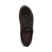Top-down view of a black hiking shoe with a dark purple interior against a white background. 