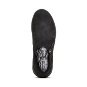 Black ankle boot with a brand logo on a white background