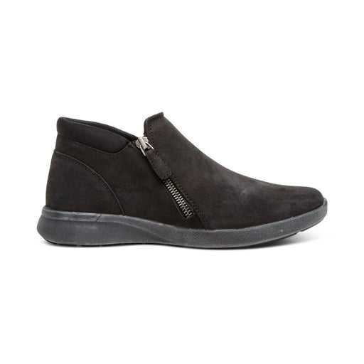 Black suede ankle boot with a zipper on a white background