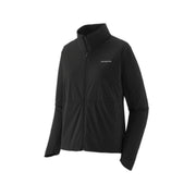 A black Patagonia full-zip jacket with a stand-up collar and a small white logo on the left chest, shown against a plain white background.