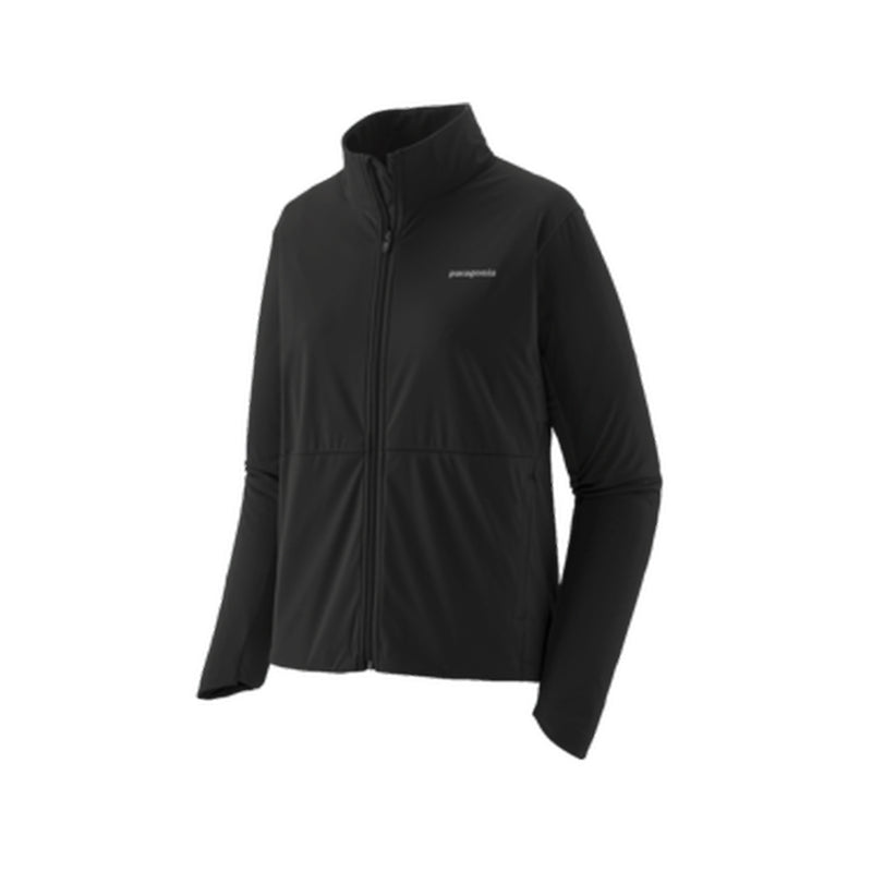 A black Patagonia full-zip jacket with a stand-up collar and a small white logo on the left chest, shown against a plain white background.