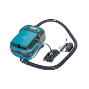 A portable electric pump with a teal and black body, a flexible corrugated hose, a power cord, and an adapter plug, shown on a plain white background.