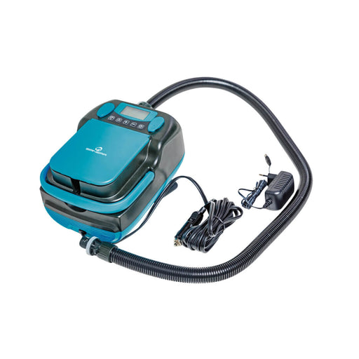 A portable electric pump with a teal and black body, a flexible corrugated hose, a power cord, and an adapter plug, shown on a plain white background.