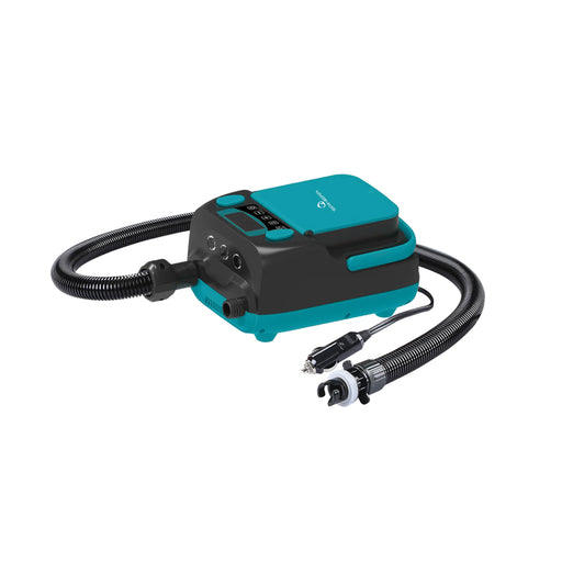 A portable electric pump with a black and teal body, featuring two flexible corrugated hoses, one ending in a car cigarette lighter plug and the other in a connector, shown on a solid white background.