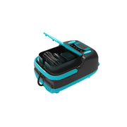 A portable electric pump with its lid open, showing a black battery inside and a digital display screen on top. The battery has a black body with bright turquoise accents.