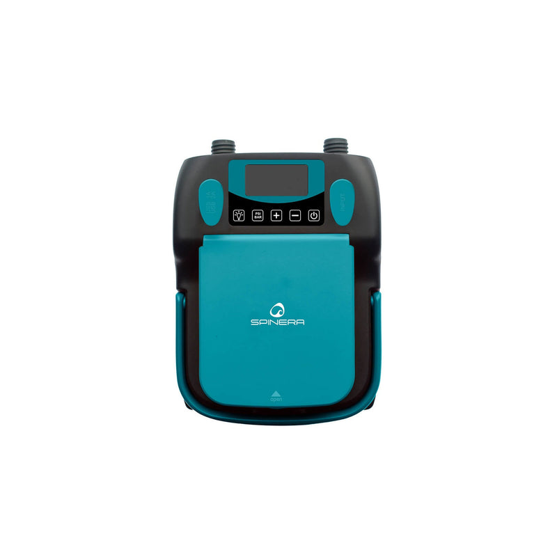 A portable digital air compressor with a teal and black body, featuring a digital display screen, control buttons, and the 'SPINERA' brand logo on the front, set against a plain white background.