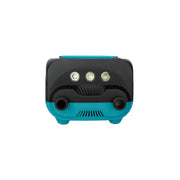 A portable air pump with a black top half and a teal bottom half, featuring three circular LED light elements on the front, photographed against a solid white background.