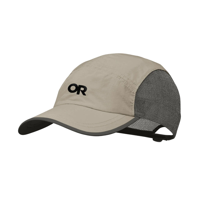 A light beige and dark gray trucker-style cap with a black embroidered 'OR' logo on the front, shown against a light gray background.
