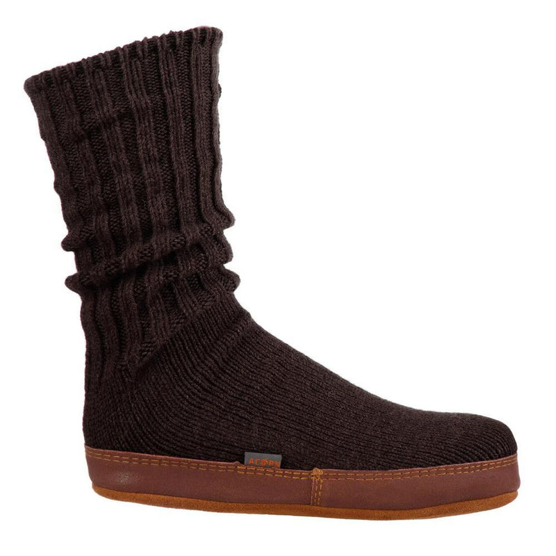 A dark maroon slipper sock with a purple bottom on a white background