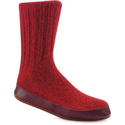 A red slipper sock with a purple bottom on a white background