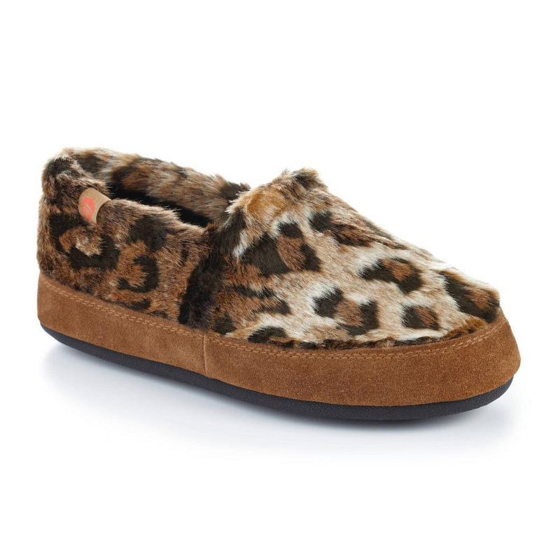 A fuzzy cheetah print slipper on a white background
