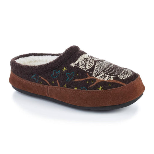 A brown slipper with an owl design on a white background