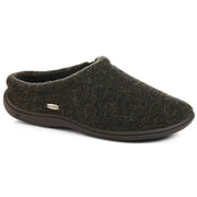 A dark green slipper with a black bottom on a white background