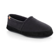 A dark gray slipper with a black bottom on a white background