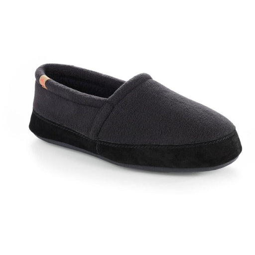 A dark gray slipper with a black bottom on a white background