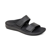 Black sandal with two straps on a white background