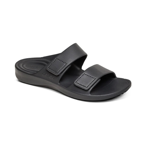 Black sandal with two straps on a white background