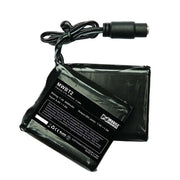 Back view of a black packet with product information on a white background. 