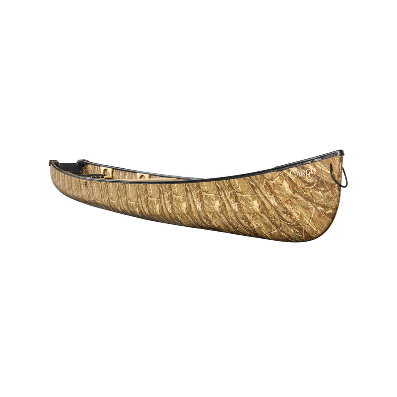 Side view of a light brown camouflage canoe on a white background.