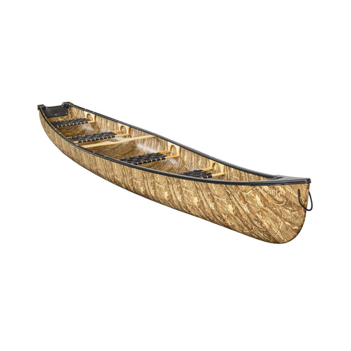 Side view of a light brown camouflage canoe with many seats on a white background.